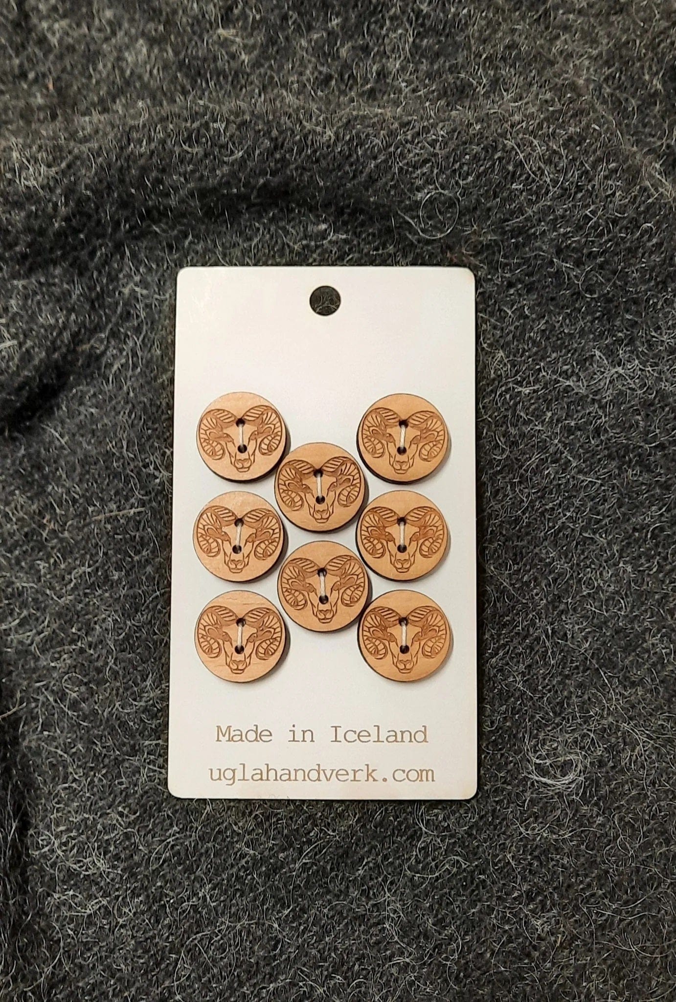 Handmade Wooden buttons Iceland. Icelandic sheep ram laser engraved in wood