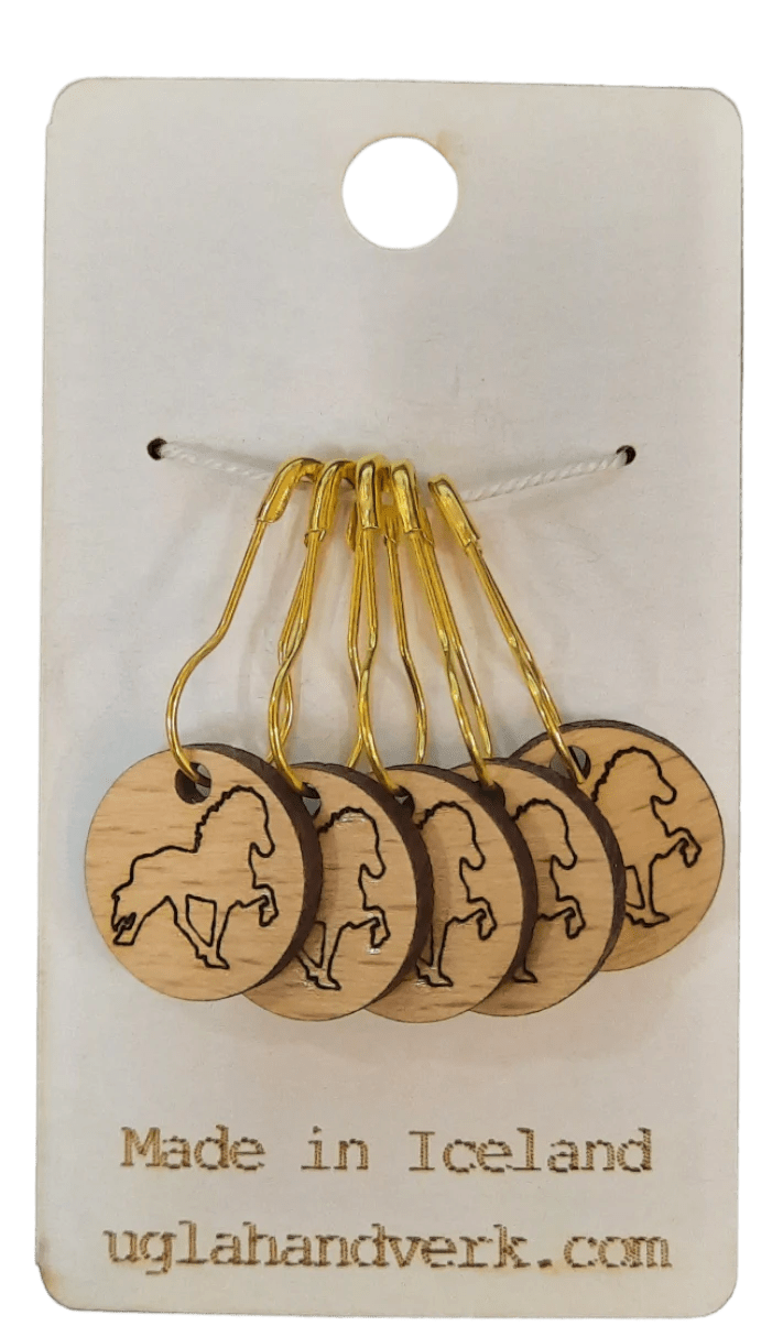 Laser Engraved Wood Stitch Markers set of 5 designed with Icelandic horses. 