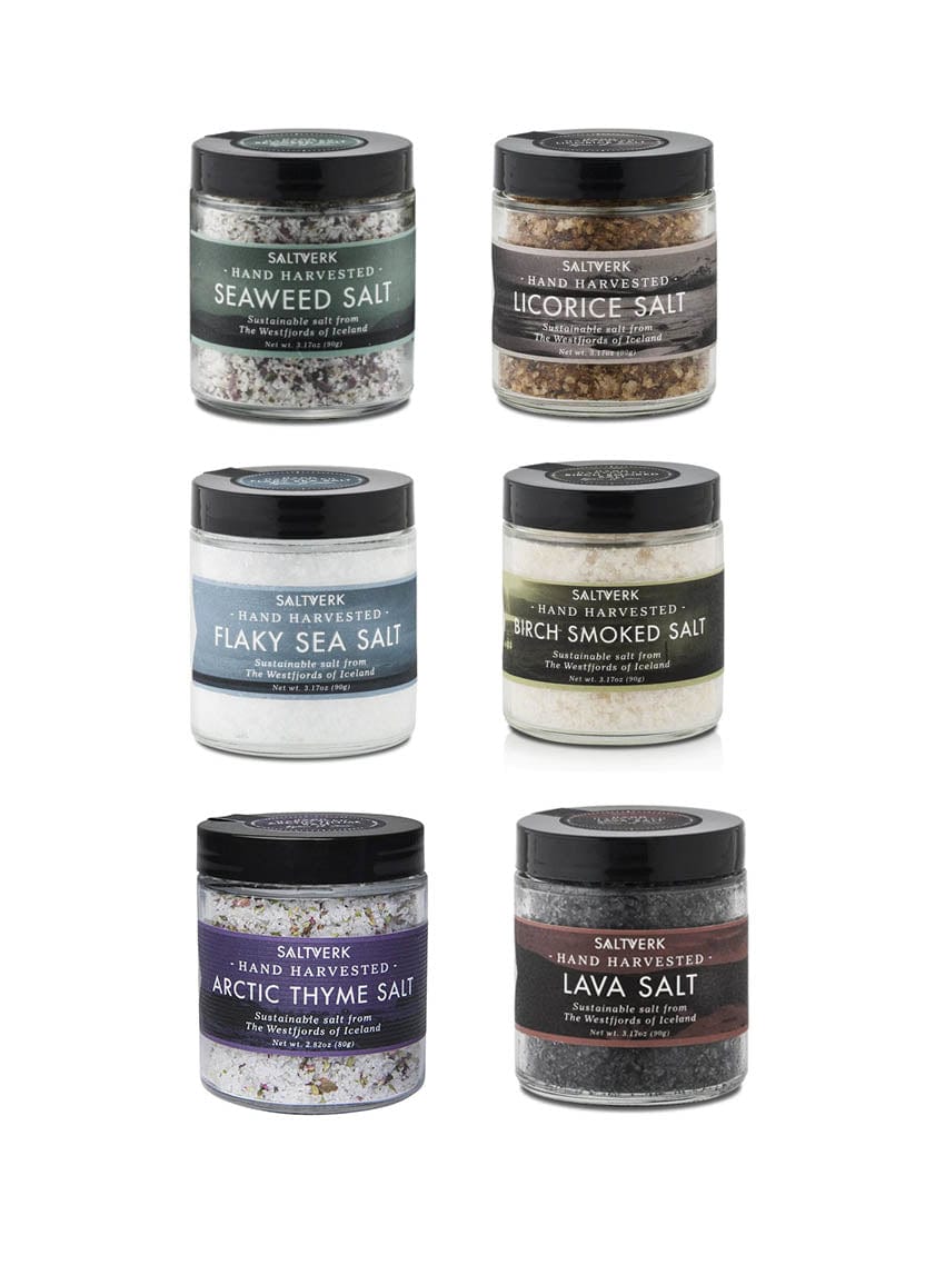 Assortment of 6 flaky flavoured Icelandic sustainable salt jars from Westfjords.