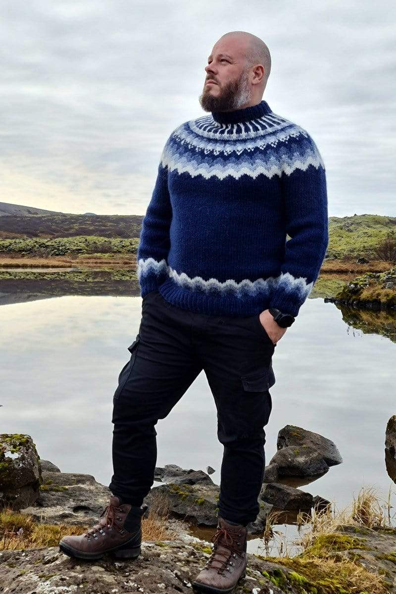 Fennrir hand-knitted Icelandic wool sweater worn on the Icelandic coast