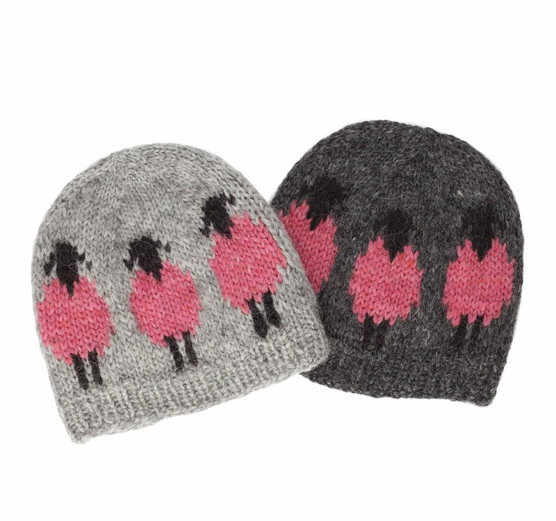 Handknit Wool Hat - Dark Grey / Pink Sheep pattern - The Icelandic Store