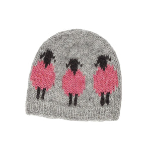 Handknit Wool Hat - Grey / Pink Sheep