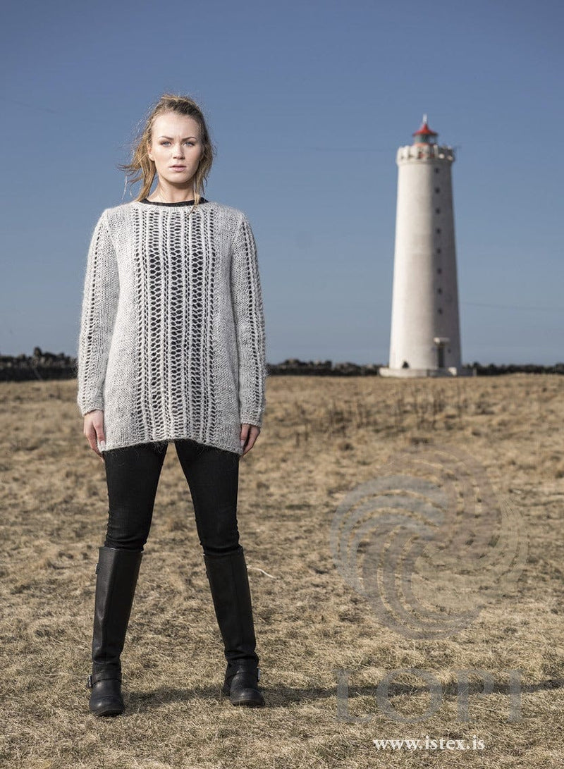 Warm dream sweater in light ash Plötulopi — long and loose with lace panels