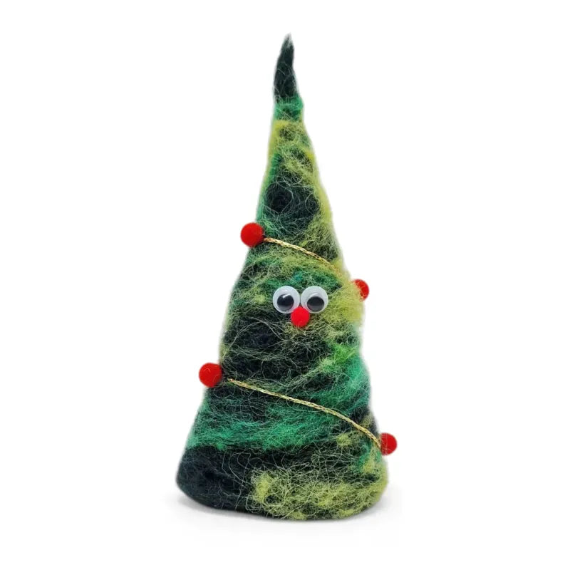 Smiling felted Icelandic wool Christmas tree ornament with red pompoms