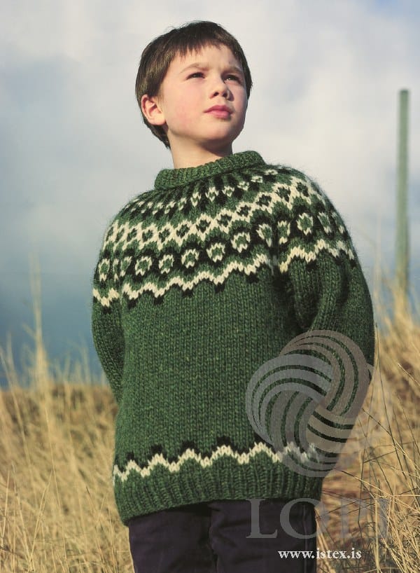 Boy in tall dry grass in the Lopi 18 no. 29 sweater, shown in the pattern’s original colours — green heather (9737, no longer made) with a round yoke of black and white zigzag bands and a row of small white diamonds, a black and white zigzag border above the ribbed hem, and a ribbed neckband. His arms are behind his back, so the cuffs do not show. The dark trousers are not part of the pattern