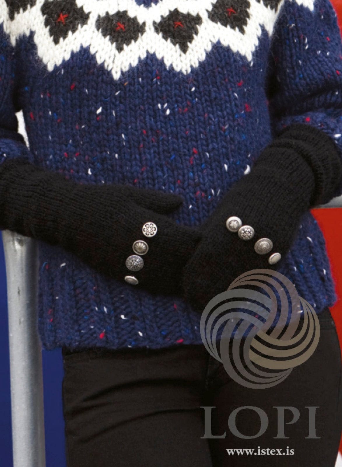 Woman’s hands in the black Happ mittens, each with four silver-tone buttons in a line at the wrist and the long cuff pushed up the arm