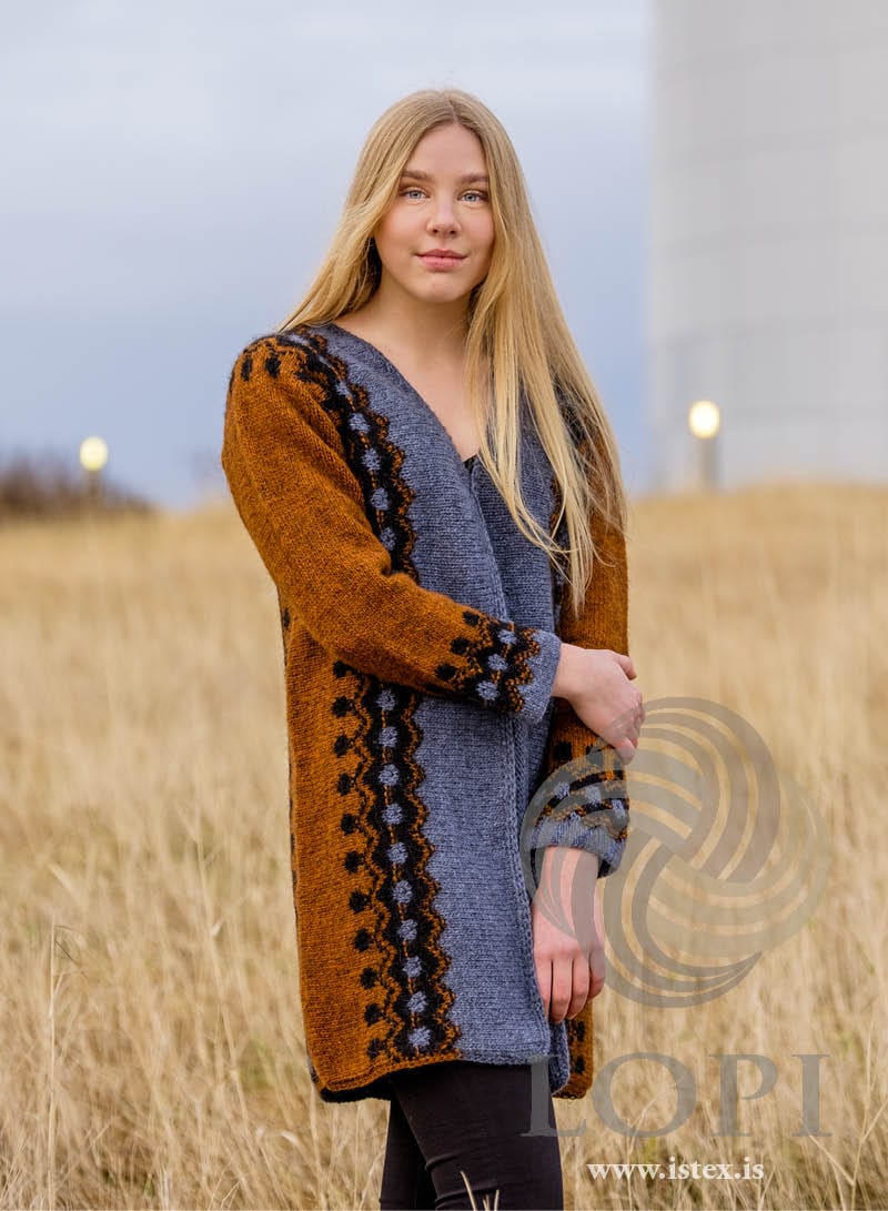Vegir liggja long Léttlopi cardigan in stone blue and rust with black stripes