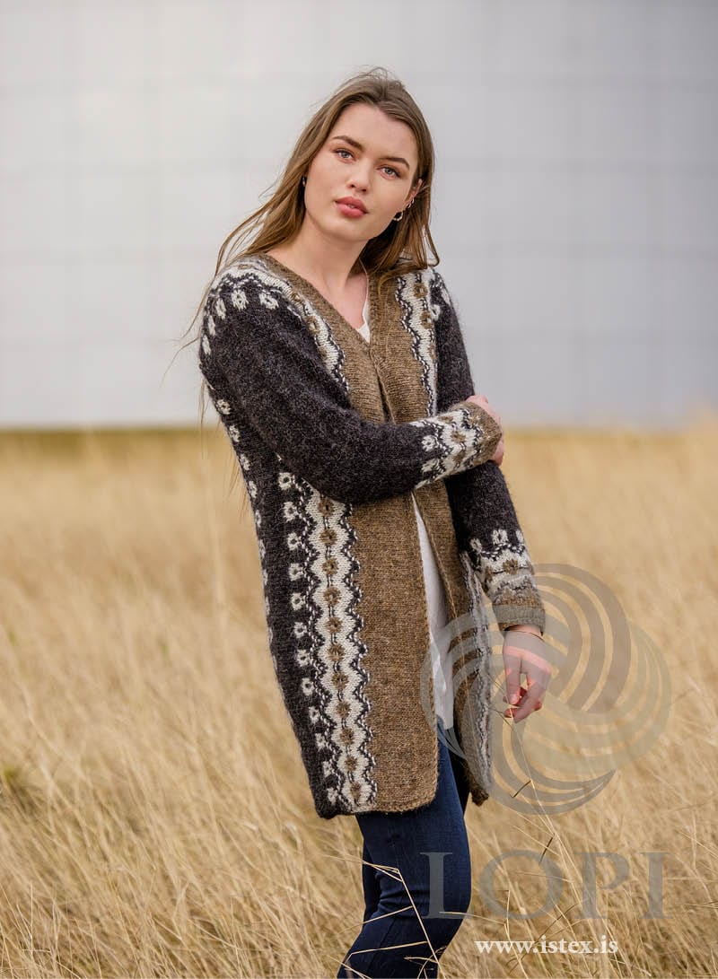 Vegir liggja long Léttlopi cardigan in murky brown and black heather with light ash stripes