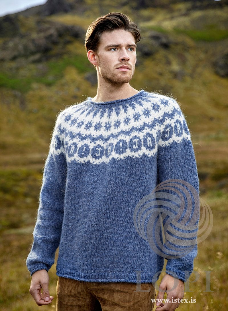 JÁ! classic Léttlopi yoke sweater in fjord blue with a white yoke