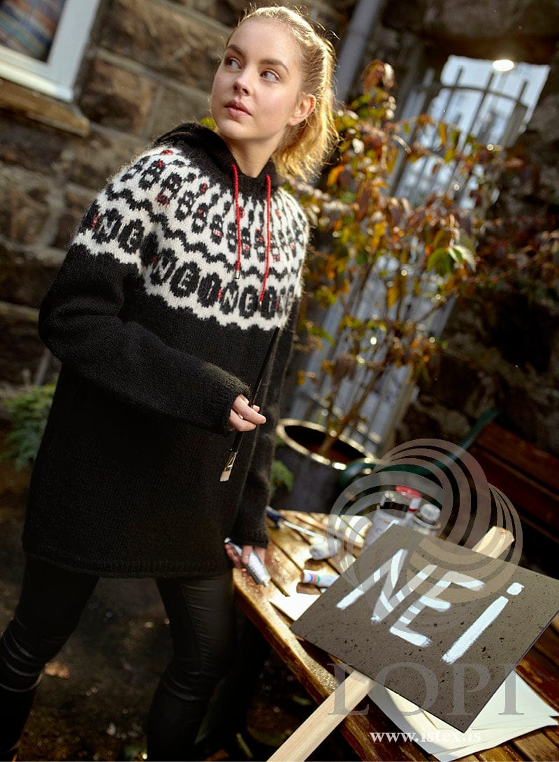 NEI! long black Léttlopi hoodie with a white lettered yoke and a red drawstring