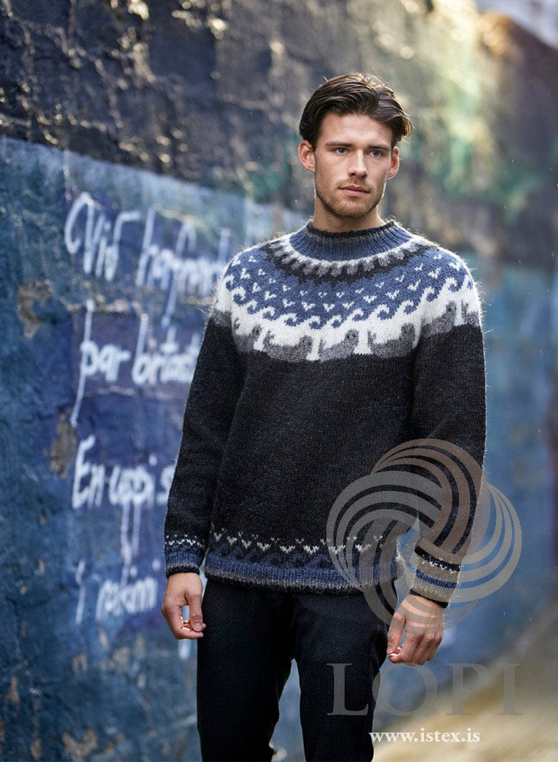 Selir Léttlopi yoke sweater — black heather with seals and seagulls in white, grey and stone blue