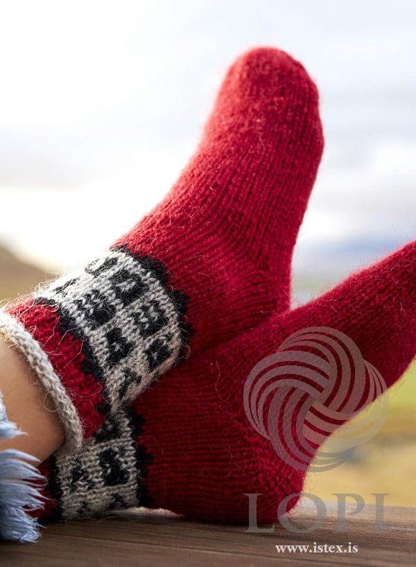 Leistar crimson Léttlopi socks worn with feet up