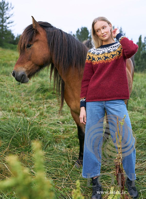 Farfuglar Icelandic yoke sweater knitted in Léttlopi — garnet red with a navy, mimosa, apricot and white yoke