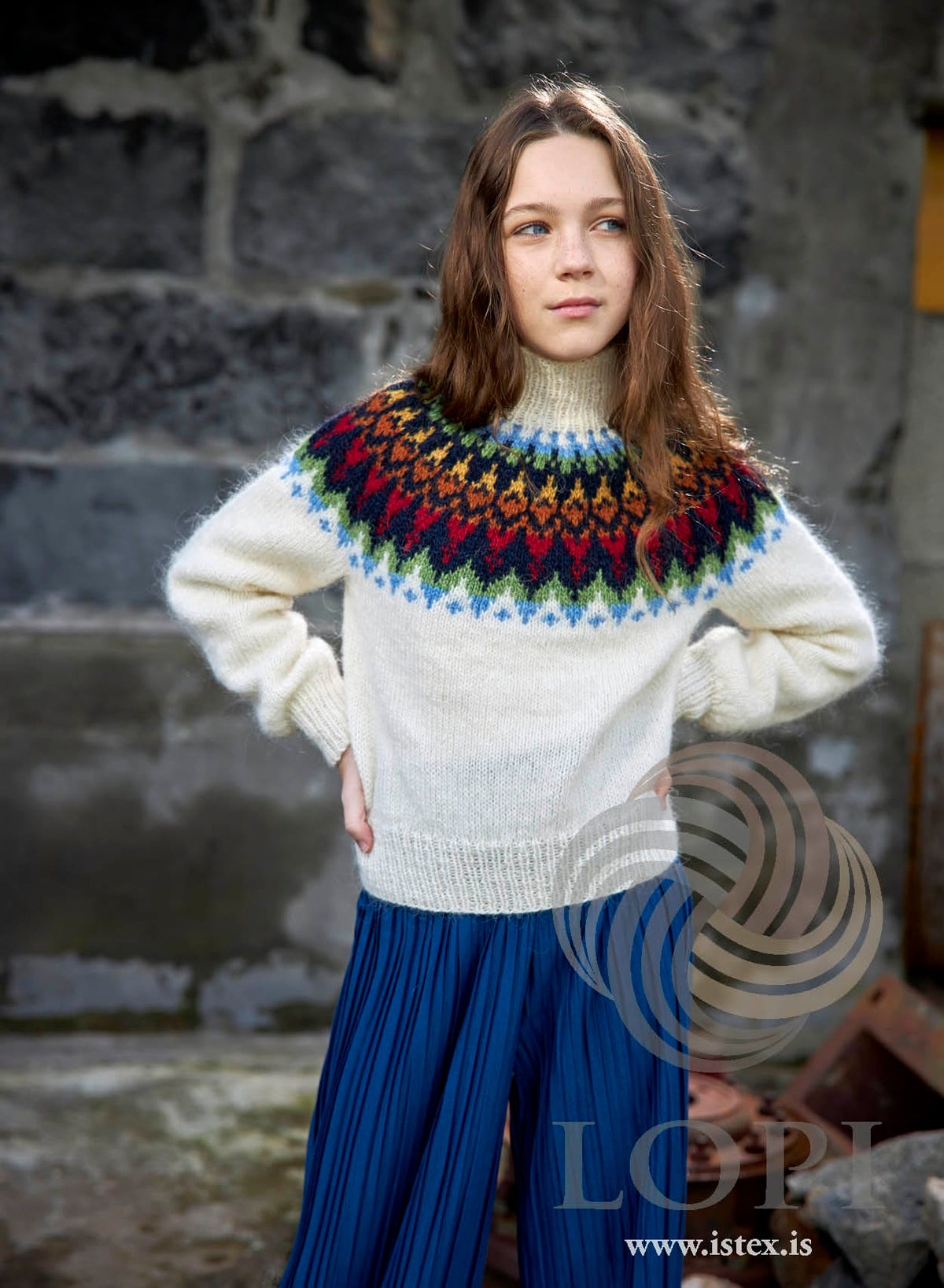 Neisti children’s yoke sweater knitted in Léttlopi — short white sweater with a multicoloured yoke