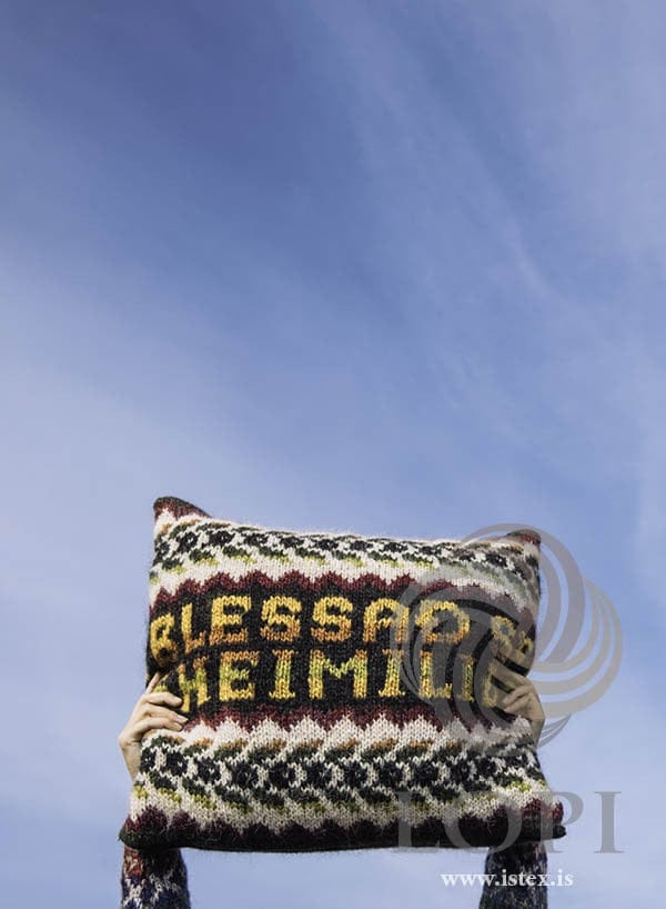 Blessun knitted cushion held up against the sky
