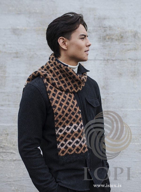 Vefur scarf knitted in Einband — almond and pecan web pattern on black heather