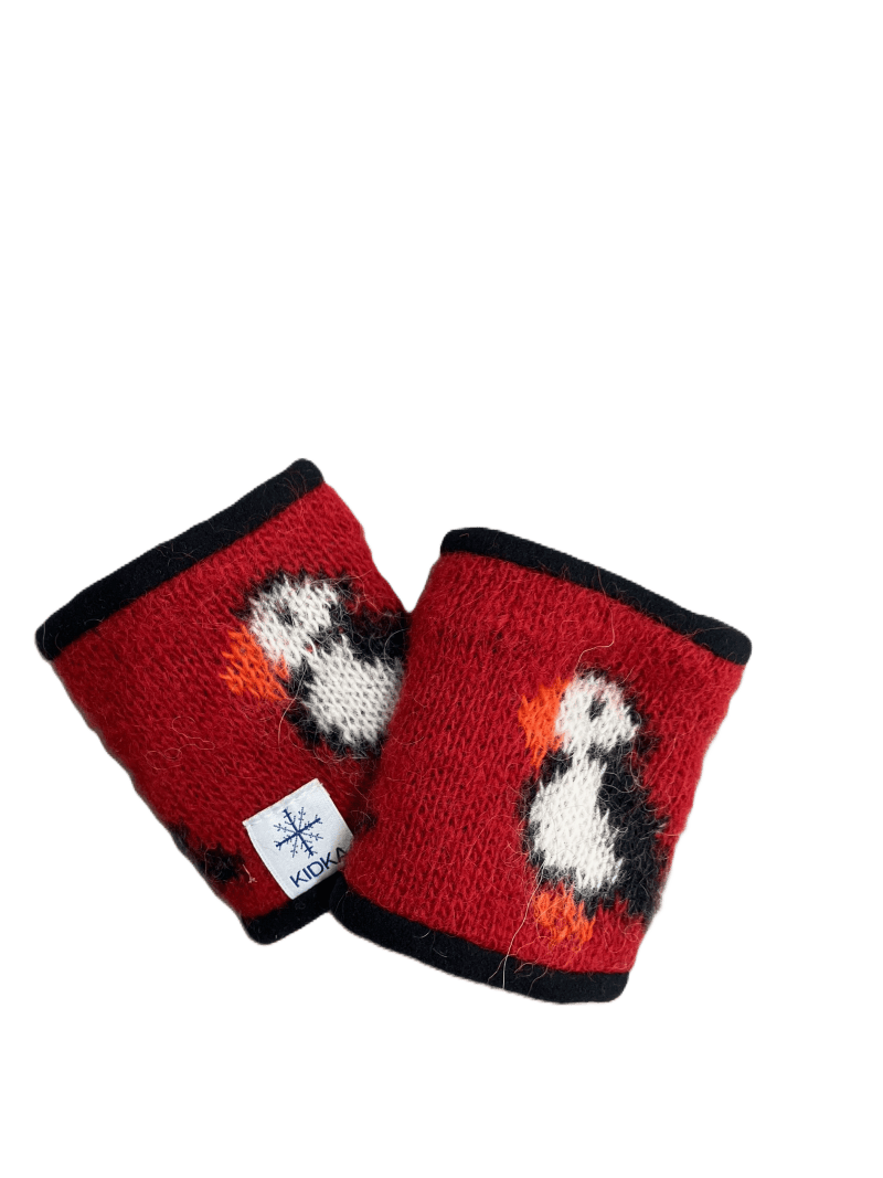 Woolen Wrist Warmers - Puffin pattern Red