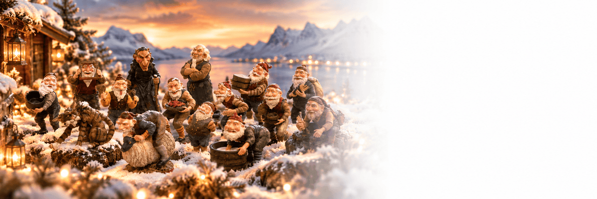 Iceland's Yule Lads figures in the snow by a fjord at sunset