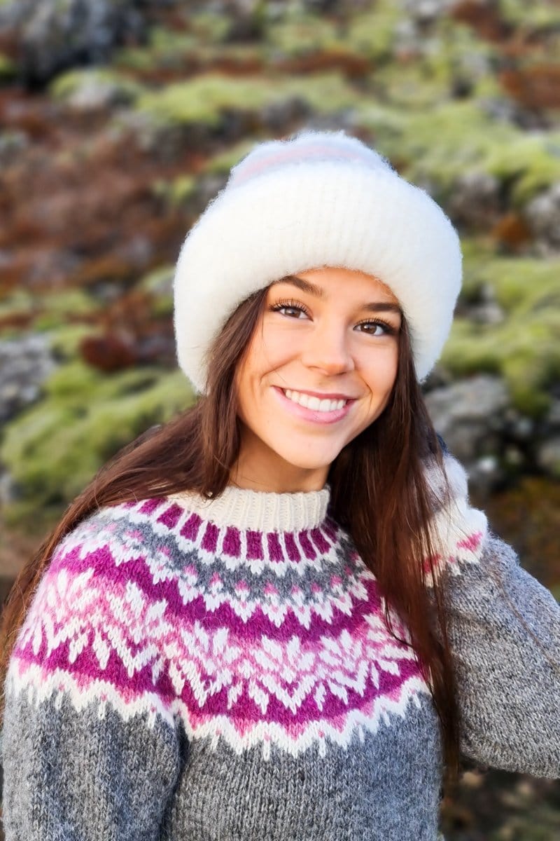 Brushed White and Pink Wool Beanie Icelandic woolen design