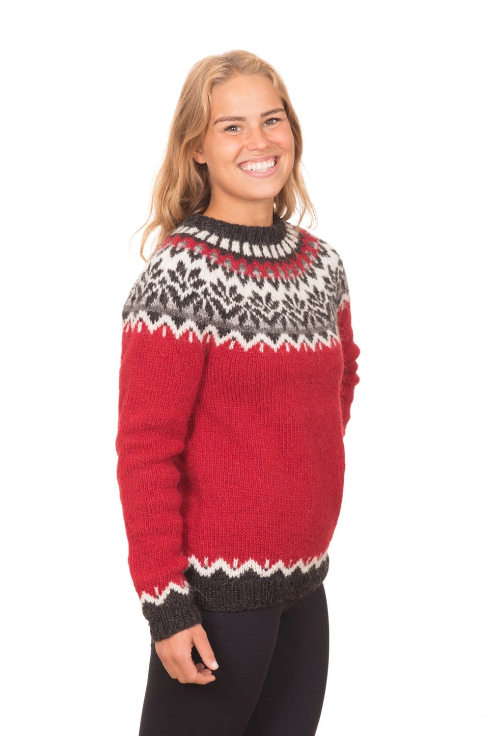 Unisex Sweater Medium Icelandic Red top Hand Knit Fair Isle Raglan Lopi Wool