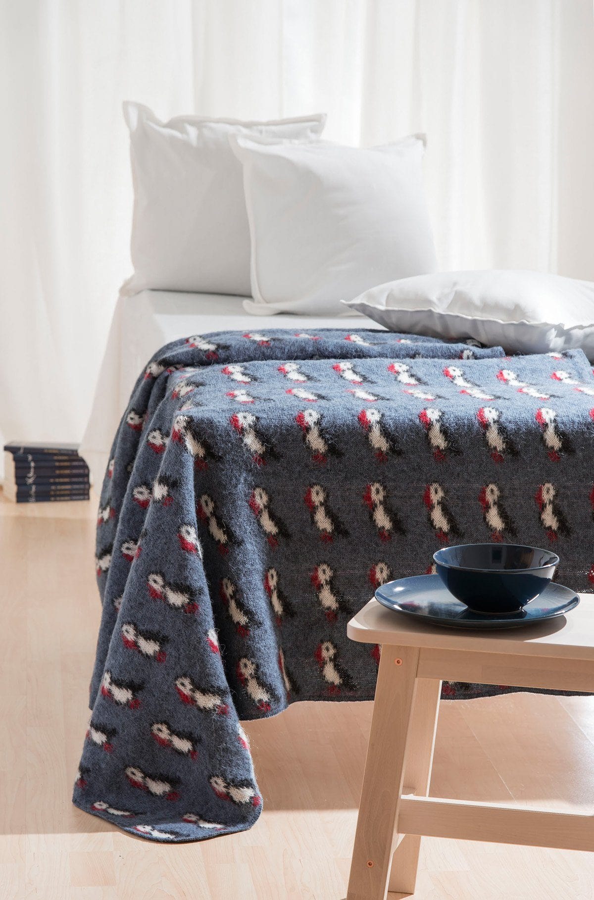 Icelandic woolen Blanket in Blue with puffins. Gift for bird-lover