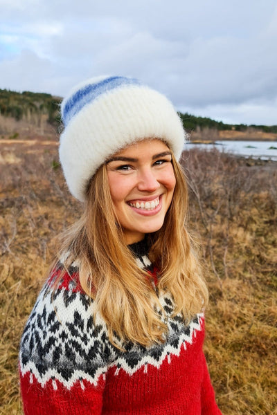Brushed Wool Hat Beanie - White / Blue | Icelandic Wool  display picture 2