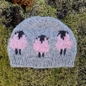 Handknit Wool Hat - Grey / Pink Sheep