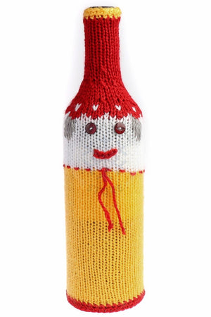 Knitted wine bootle cover - Yellow / Red