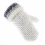 Brushed Wool Mittens - White with Grey stripes