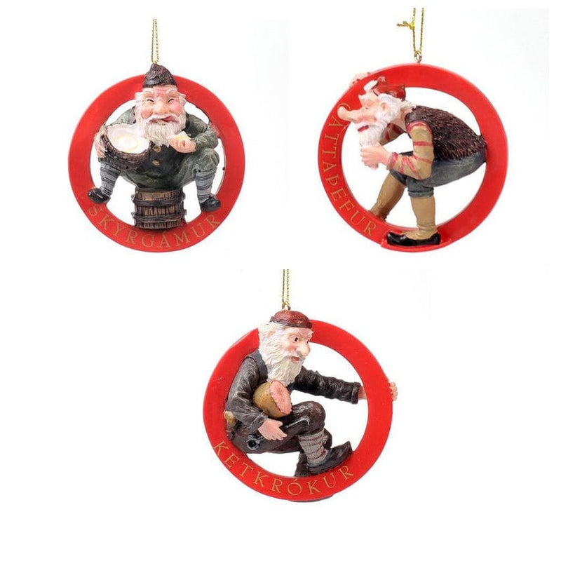 Icelandic Yule Lads hanging Christmas ornaments . Christmas in Iceland