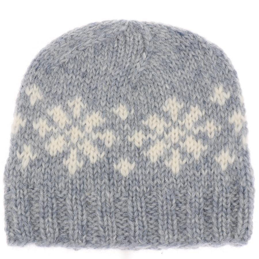 Handknit Wool Hat - Blue / White Frostroses - icelandicstore.is