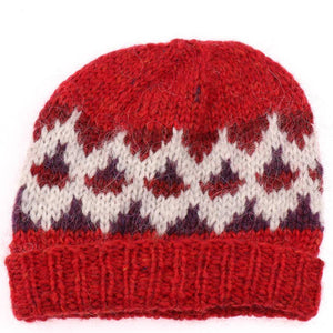 Handknit Wool Hat - Red / Beige