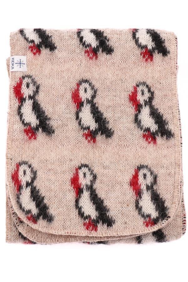 Knitted beige woolen scarf with puffin. Iceland design