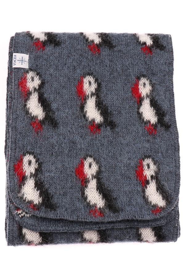 Kidka blue woolen scarf with puffin design from Iceland